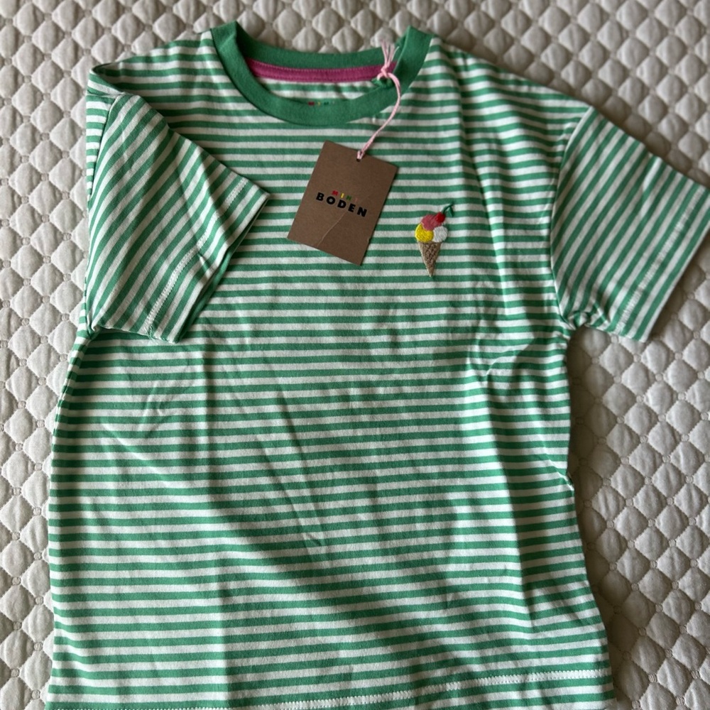 Mini Boden Green and White Striped Tee with Ice Cream Patch